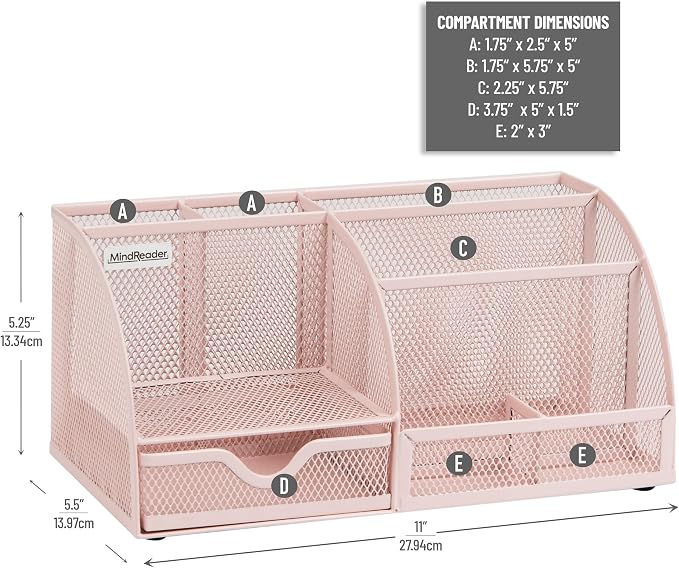 Mind Reader 7-Compartment Desktop Organizer, Metal Mesh Desk Organizer for Pens, Sticky Notes, Mail and Office Supplies, Pink
