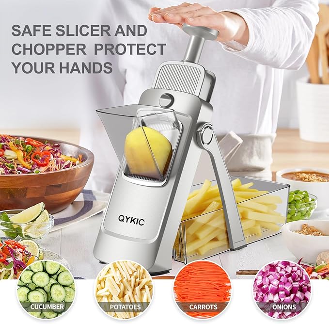 QYKIC Upgrade Safe Mandoline Slicer,Vegetable Chopper,Potato Slicer, Onion Chopper with Drain Basket Storage Container, Cheese Grater Kitchen Chopping Artifact (SliverGray)