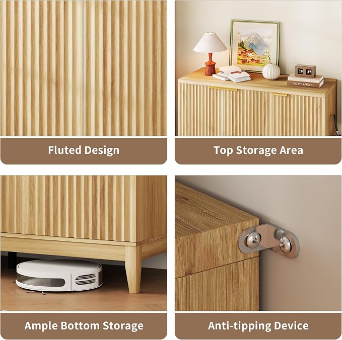 Vlsrka Shoe Storage Cabinet with Fluted Doors and Adjustable Shelves | 6 Tier Wooden Shoe Organizer, Large Capacity, Human Sensor Lighting, 180° Rotating, for Entryway, Hallway, Living Room, Wood
