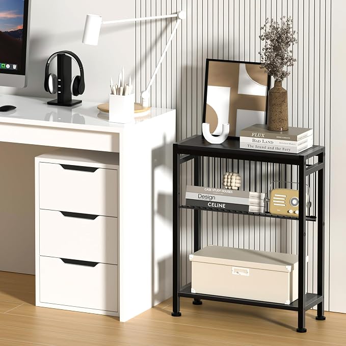 Side Table for Small Spaces, Narrow End Table with Adjustable V-Shaped Magazine Rack, 7.1"D x 17"W x 21.7"H, Black