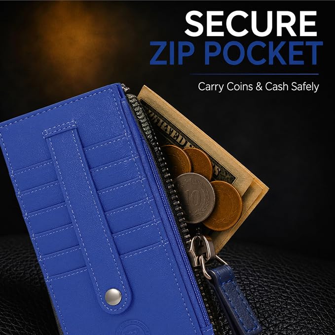 Leatherboss Genuine Leather Women's All in One Credit Business Card Case Holder Slim Zipper Wallet With a Card Protection Strap, Oxford Blue