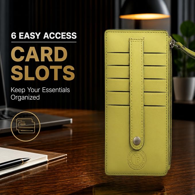 Leatherboss Genuine Leather Women's All in One Credit Business Card Case Holder Slim Zipper Wallet With a Card Protection Strap, Lemon