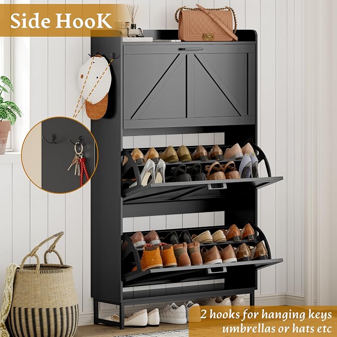 Wodeer Shoe Cabinet Storage for Entryway, Shoe Storage Cabinet with 3 Flip Drawers, Freestanding Narrow Shoe Rack Organizer with Metal Legs & Side Hook for Foyer, Hallway, Black