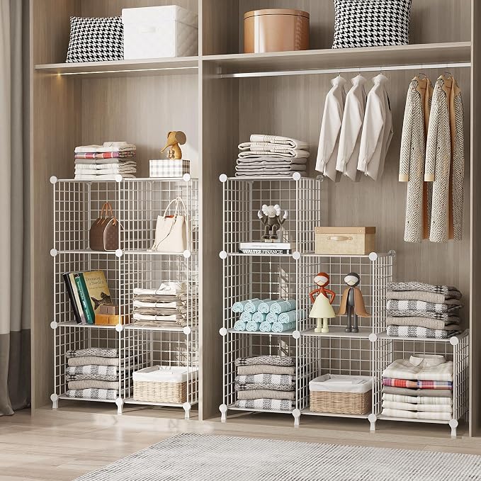 AWTATOS Wire 12 Cube Storage Organizer, Closet Storage Shelves Stackable | Metal Cube Storage Bookshelf, DIY Portable Closet Clothes Organizer, Wire Shelving for Bedroom, Home, Office White