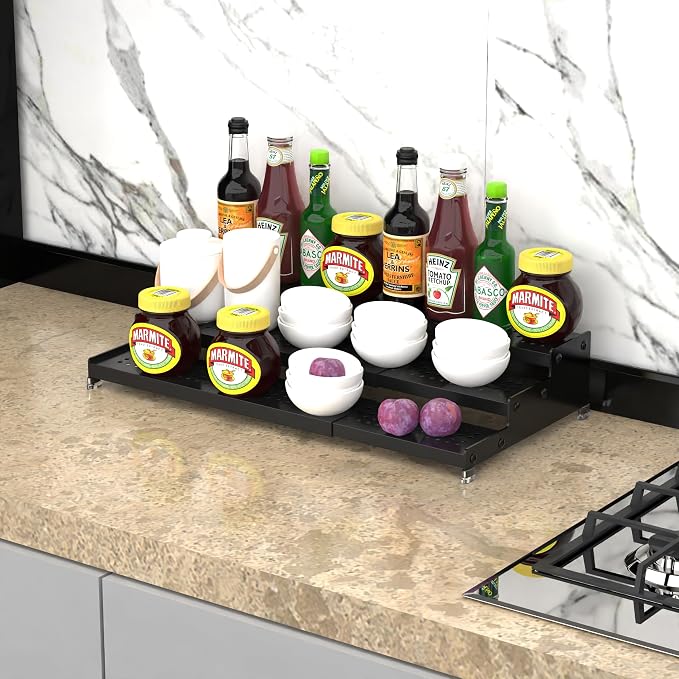 Jojocross Metal Spice Rack Organizer for Cabinet, 3 Tier Expandable Spice Storage Shelf, Great for Kitchen Cabinets, Cupboard,Pantry and Countertop More,Metal Plate with Hole(3PACKS/Black)