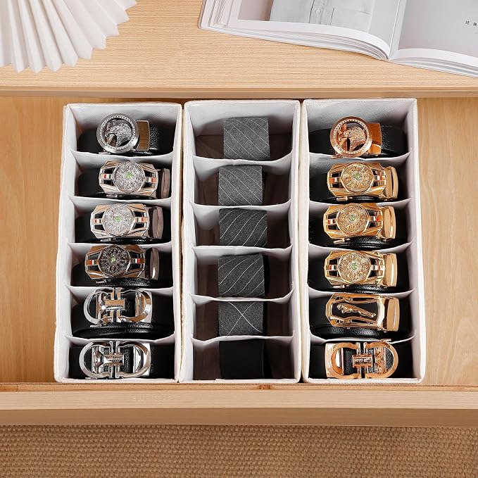 3 Packs Fabric Belt Organizer, 6 Grids Belt Organizer for Closet and Drawer, Foldable Dresser Drawer Organizers,Tie Storage -Beigewhite
