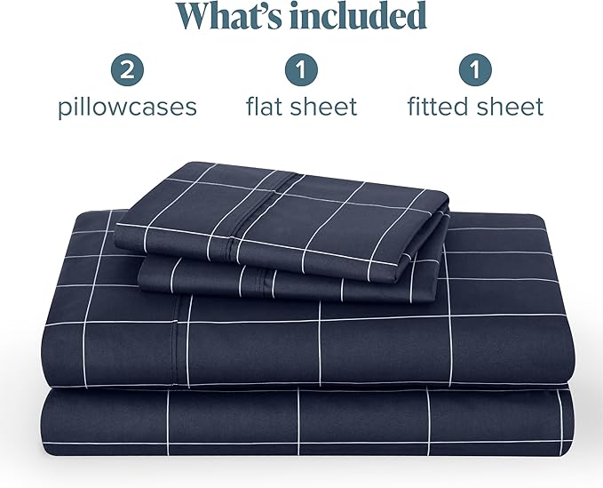 Bare Home Queen Sheet Set - Luxury 1800 Ultra-Soft Microfiber Bed Sheets - Double Brushed - Deep Pockets - Easy Fit - 4 Piece Set - Bedding Sheets & Pillowcases (Queen, Grid - Midnight/White)