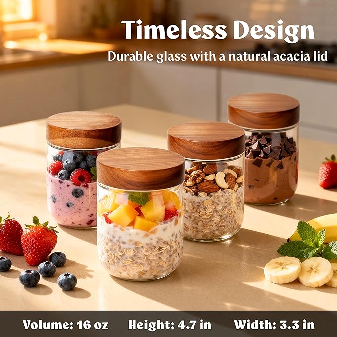 EDELHAUS Overnight Oats Containers with Lids Acacia (4 x 16oz) Glass Jars for Oatmeal, Meal Prep, Food Storage | Leak-Proof Mason Jars for Oats, Cereal, Yogurt, Chia Pudding [Thicker Glass 3mm]