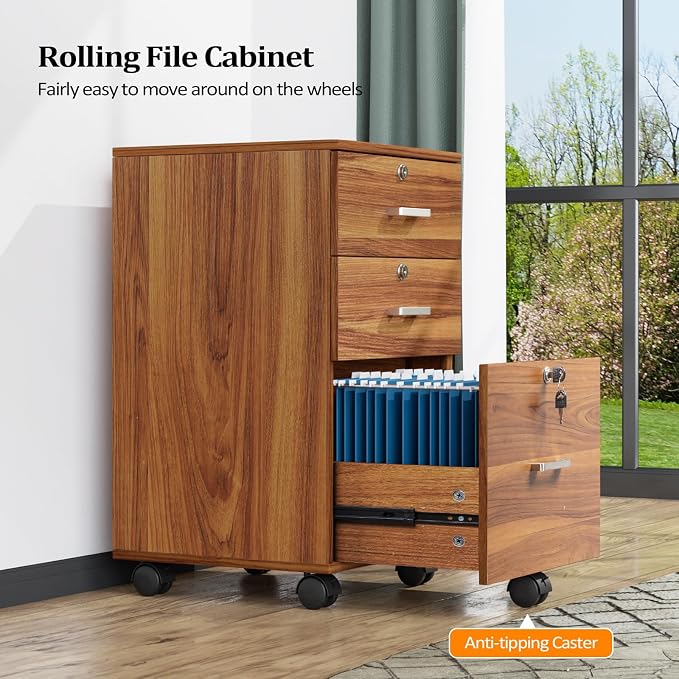 VINGLI 3-Drawer File Cabinet with Lock, Wood Rolling Filing Cabinets for Home Office, Mobile Printer Stand, Under Desk File Organizer for Letter Sized Files, 26" H(Caster Included), Walnut