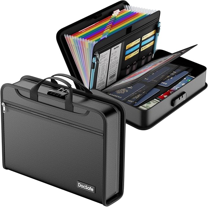 DocSafe Accordion File Organizer Bag with Lock, Fireproof Water Resistant Expanding File Folder with Multi Colorful Pockets,Document Organizer Safe Storage for Important Documents and More, Black