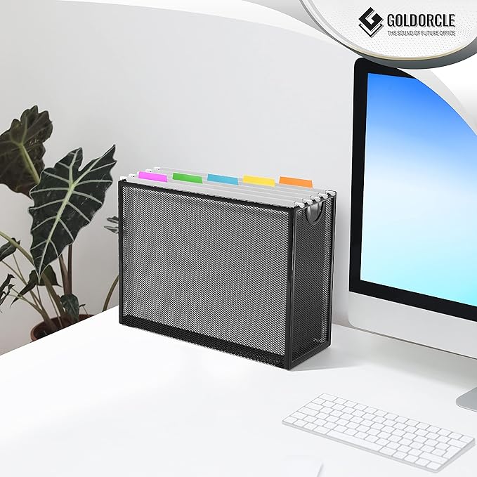 Hanging File Organizer, Letter-Size File Holder Filing Box with 5 Hanging Folders, Metal Mesh Desk File Folder Storage(No Assembly Required) (with 5 Grey Folders)