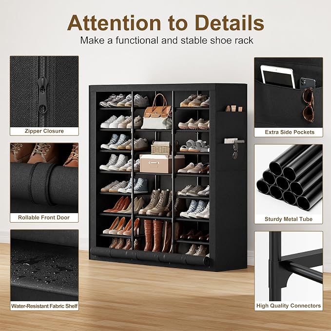 9 Tier Shoe Rack with Cover, Cabinet for 55 Pairs, Black | Large family capacity for boots/heels/sneakers. Reinforced stability. Slim footprint, corner-friendly. Quick no-tool setup.