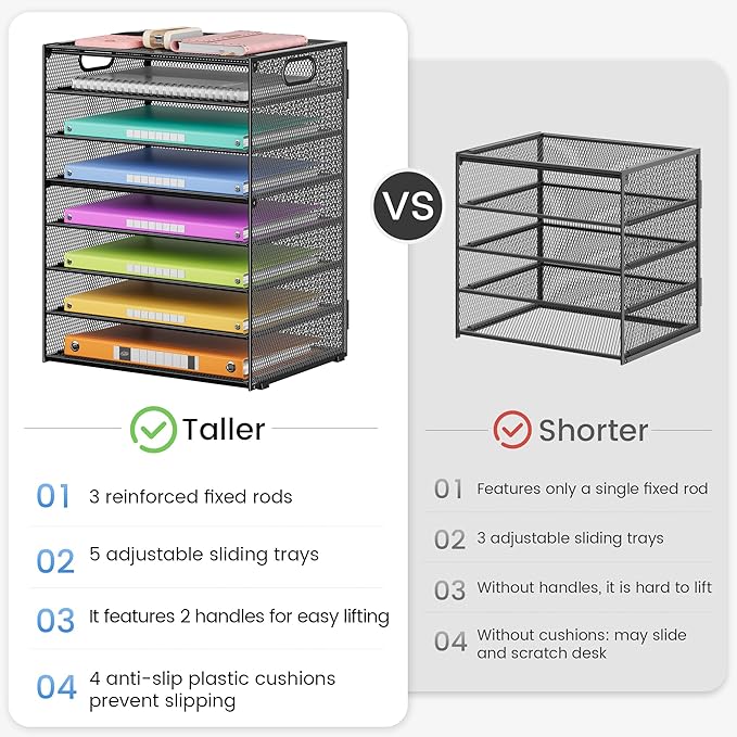 Lavatino 8 Tier Paper Organizer for Desk, Black Mesh Letter Tray File Sorter Organizers with Handles, Including 5 Adjustable Slid Trays for Office School Classroom Supplies Organization and Storage