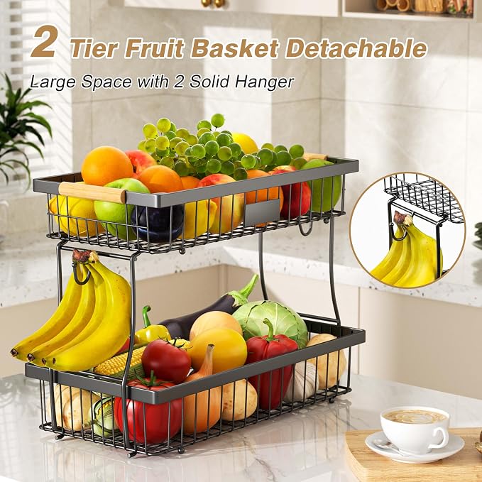 2-Tier Fruit Basket with Banana Hangers, Black Standing Storage Rack | Metal, Wooden handle, Removable Design, Tool-Free Assembly, Versatile Kitchen Countertop Organizer, Vegetables, Seasonings