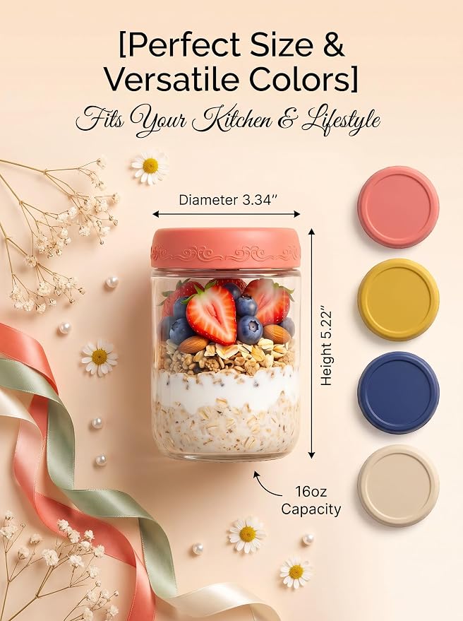 6-pack 16 oz Overnight Oats Containers with Lids | Mason Jars with Airtight Lids, Wide mouth Mason Salad jars, Yogurt Parfaits, Smoothies, Salads (16oz - 6pcs)