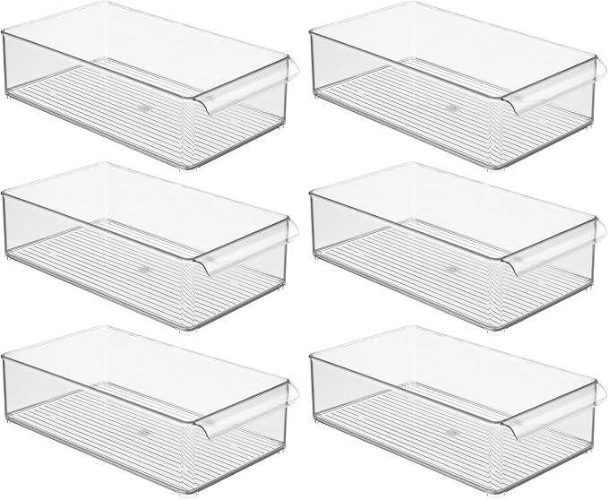 iDesign Large Stackable Fridge or Freezer Bin, Set of 6, Clear | Front Handle, Made in USA