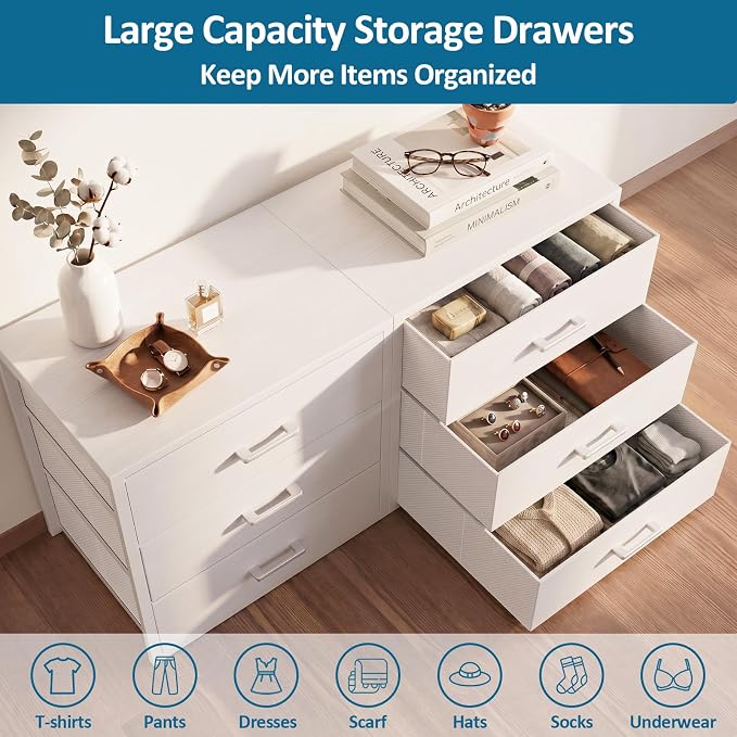 3 Fabric Drawer for Closet Storage: White Stackable Dresser Short Drawers for Clothes Organizer, Low Modular Chest Cabinet for Inside Closet Bedroom Nursery & Small Spaces, 4 Packs