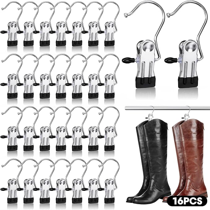 16 Pack Boot Hangers Clips for Closet, Laundry Hooks Hanging Clips Pants Hangers with Clips Legging Organizer Clothes Pins Hanger Clips for Closet Organizer Towel Socks Hats Jeans Home Travel Silver