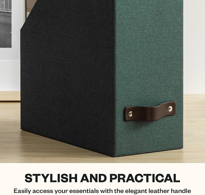 Bigso Estelle Fibreboard Magazine Holder with Leather Handle - Magazine File Holder and Organizer for Papers and Catalogs on Home or Office Desks - W4.4 x D9.8 X H12.7 (inches) - Dark Green