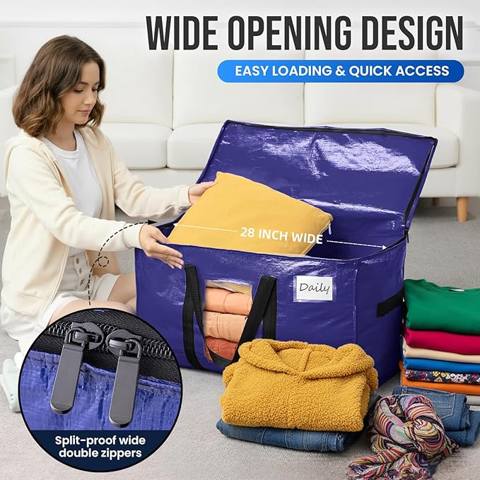 TAILI 4 Pack Dark Blue Extra Large Moving Bags, Heavy Duty Totes with Visible Window, Wrap Around Handles, Great for Storage