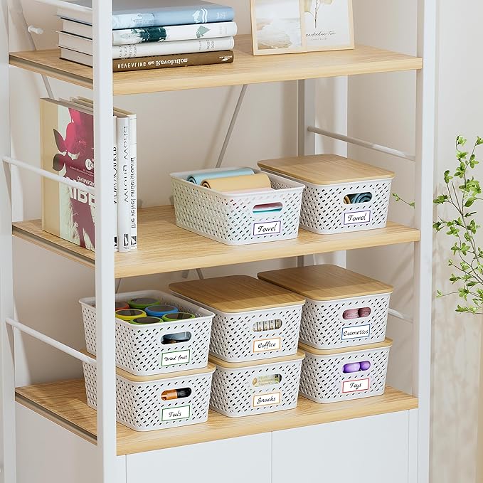 Anysig 8 Packs Plastic Storage Bins with Bamboo Lids - Stackable Storage Bins Decorative Small Basket Containers for Organizing Shelves Office Classroom Desktop Closet, Cream White
