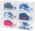 IRIS USA 6-Pack, Stackable Shoe Display Box with Flip Door, Clear | Protect footwear with stackable storage and easy access design for closets, entryways, and under bed spaces