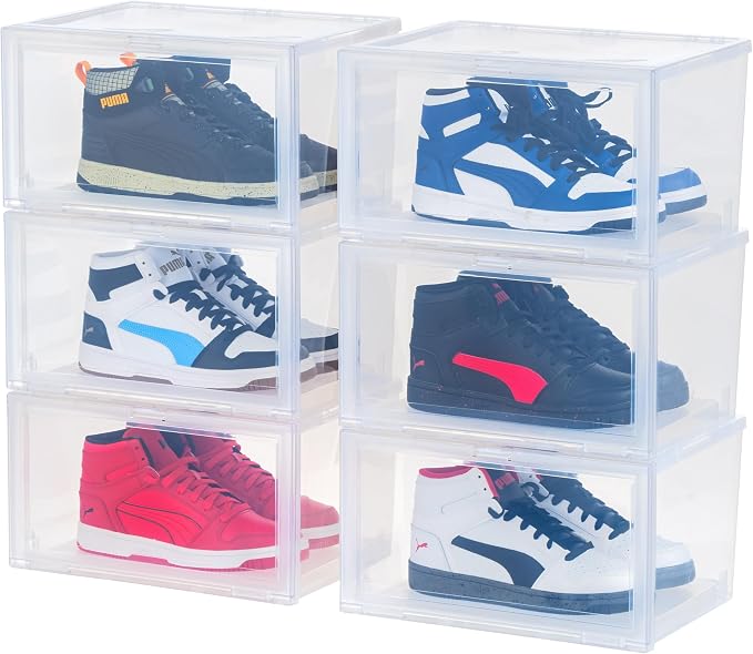 IRIS USA 6-Pack, Stackable Shoe Display Box with Flip Door, Clear | Protect footwear with stackable storage and easy access design for closets, entryways, and under bed spaces