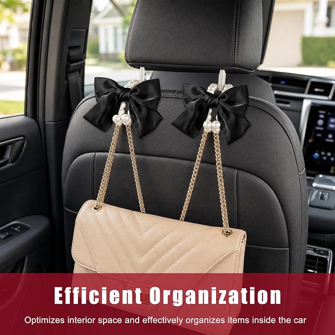 2 PCS Bow Pearl Car Seat Headrest Hook, Car Seatback Hanging Organizer Elegant Pearl Purse Hanger, Cute Bow Vehicle Interior Headrest Storage Hook for Handbag Purse Coat (Black)