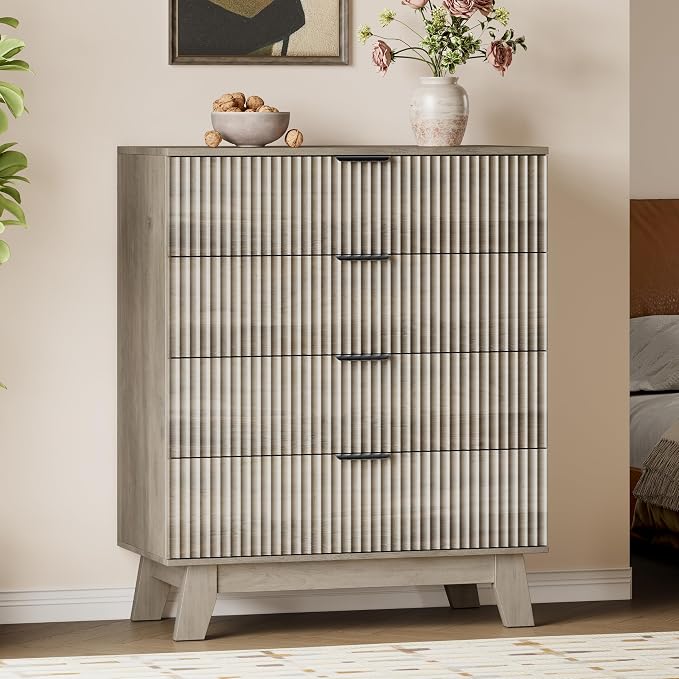BORNOON 39" Tall Dresser for Bedroom, 4-Drawer Fluted Chest of Drawers, Modern Wood Highboy with Deep Storage, Metal Slides & Handles, Anti-Tip Kit, Vertical Clothes Organizer for Apartment, Nursery