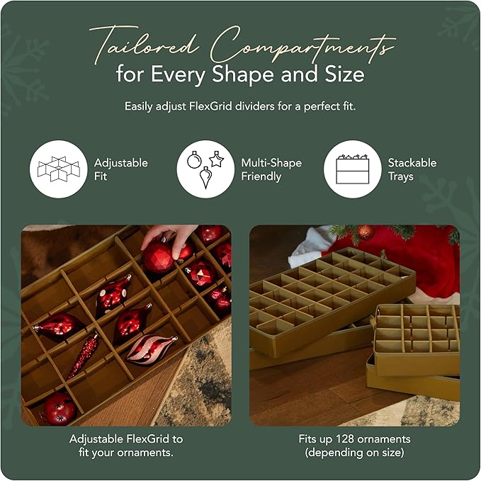 Covermates Keepsakes Adjustable Ornament Storage Box – Heavy-Duty Polyester, Padded Dividers & FlexGrid Trays – Protective Holiday Organizer with Stackable Walls & Label Window, Red Snowflake