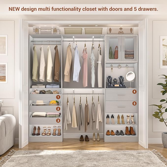 6.7FT-10FT Closet System Set with Half-Open Drawers, 80.5''-120" Wooden Modular Wardrobe Set with Shelving Towers, 80'' Height Closet Organizer with Hanging Rods and 2 Big Wing Shelves, Grey