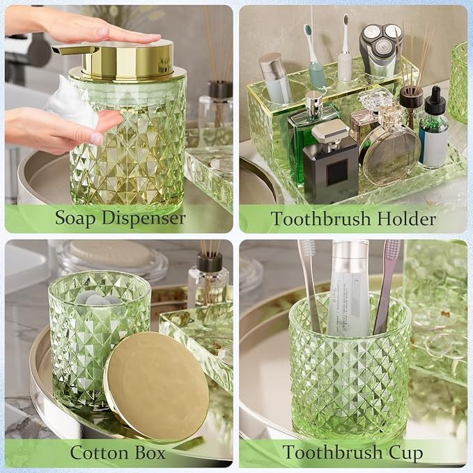 Bathroom Accessories Set - 20PCS Green Glass Bathroom Set with Shower Curtain and Rugs, Soap Dispenser, Soap Dish, Cup, Qtip Jar, Toothbrush Holder, Stylish & Functional Bath Decor for Home, Apartment