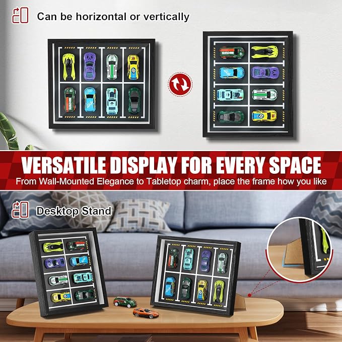 JupDec Magnetic 1:64 Diecast Display Frame, Clear Acrylic Model Car Shadow Box with Parking Layout Mat for Matchbox Hot Wheel, Dustproof Wall Mount or Tabletop Display Box, Ideal Gift for Collectors