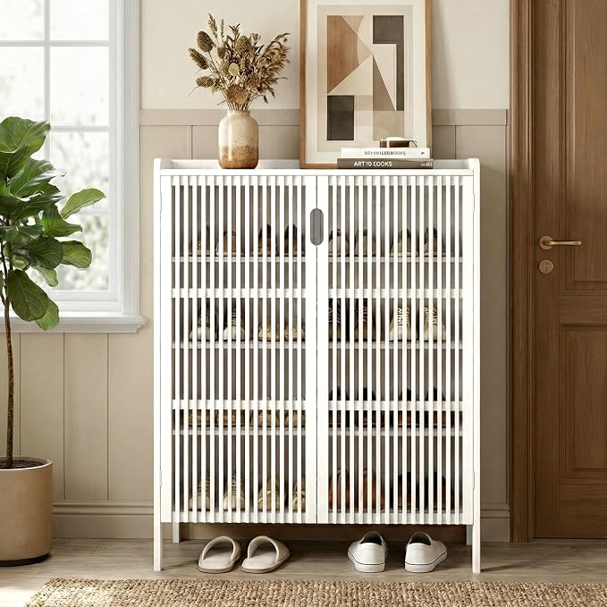 Bamboo Shoe Storage Cabinet for Entryway with Doors, Hidden Shoe Organizer | Adjustable Shelves | 5 Tiers for 25 Pairs | Modern Wood Shoe Cabinet for Living Room, Bedroom, Front Door, Hallway & Closet