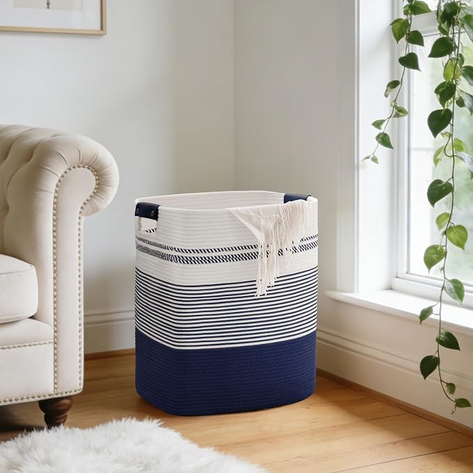 85L Tall Woven Laundry Basket Hamper with Leather Handles,Navy | 17"x14"x22", collapsible wicker hamper, storage for dirty clothes, toys, blankets, gifts, living room, bedroom, bathroom