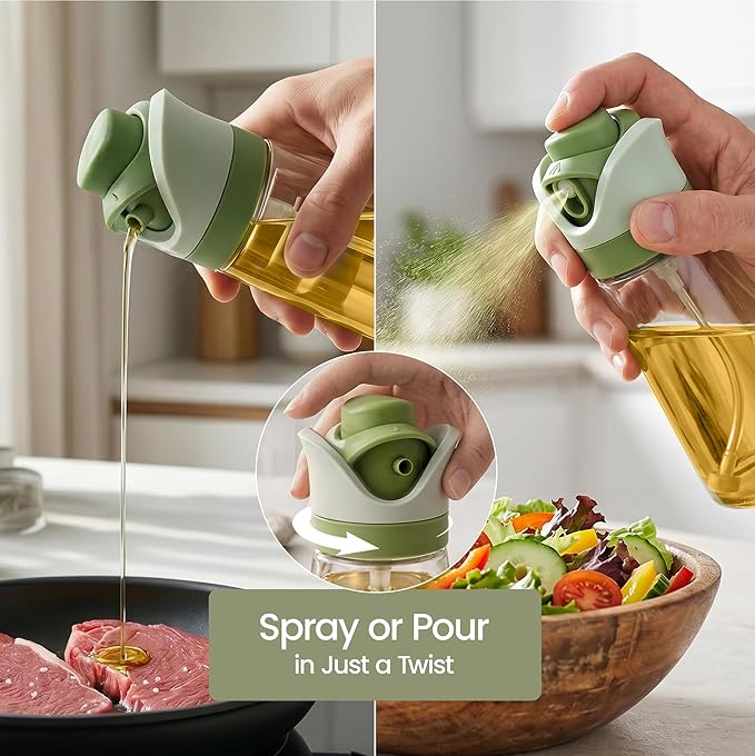 Olive Oil Dispenser for Kitchen | 2-in-1 Pour and Spray | 7.7 oz / 230 ml | Glass Olive Oil Sprayer for Cooking, Airfryer, Salad & BBQ | Set of 2 Bottles, Green