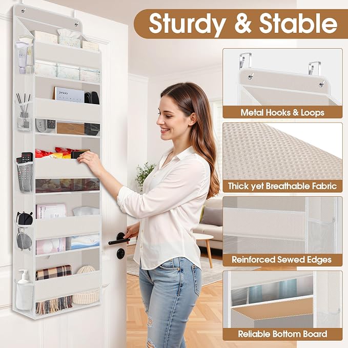 WISELIFE Over the Door Organizer Storage with 5 Large Pockets, Door Hanging Organizer with Clear Windows, Behind the Door Storage for Nursery Bedroom Bathroom Pantry Closet and Baby Essentials, Beige