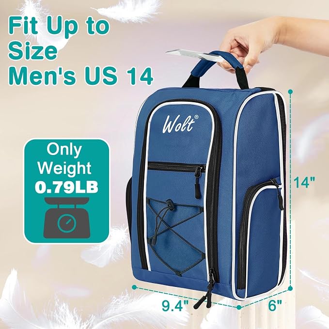Wolt |Golf Shoe Bag for Travel- Zippered Shoes Carrier Bags with Ventilation & Double Outside Accessory Pocket for Socks, Tees, Golf Balls, Etc. for Women and Men (DarkBlue)