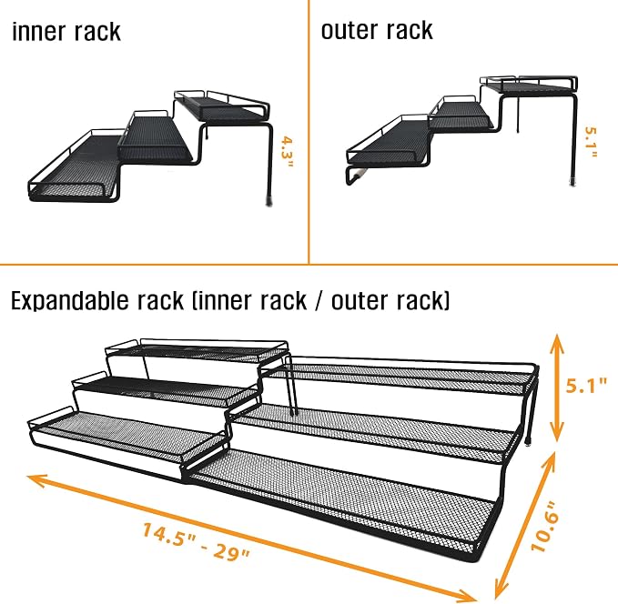 3 Tier Wide Expandable Cabinet Spice Rack Organizer (14.5" to 29.1") - Step Shelf with Protection Railing, Black | Wide, deep expandable spice rack for large spice jars, seasoning bottles, cans, and pantry organization.