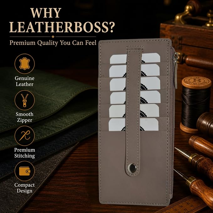 Leatherboss Genuine Leather Women's All in One Credit Business Card Case Holder Slim Zipper Wallet With a Card Protection Strap, Light Brown