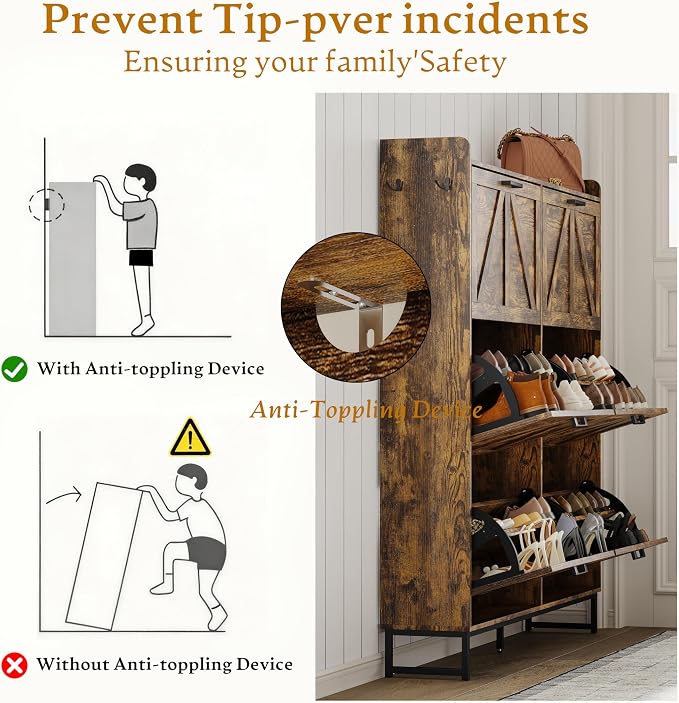 Wodeer Shoe Cabinet Storage for Entryway, Shoe Storage Cabinet with 6 Flip Drawers, Freestanding Narrow Shoe Rack Organizer with Metal Legs, Adjustable Shelves & Open Storage for Foyer, Hallway, Brown