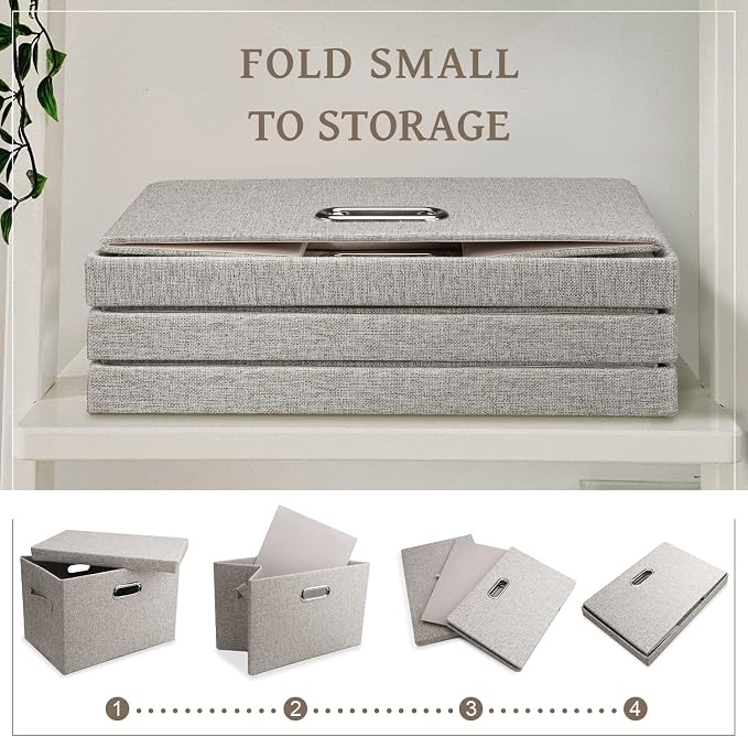 Graciadeco Medium 15" 21 Quart Collapsible Stackable Storage Bins with Lids, 3 Packs Beige Foldable Fabric Closet Boxes Heavy-duty Linen Cube Baskets Container for Bedroom Office (15 x 11 x 8)