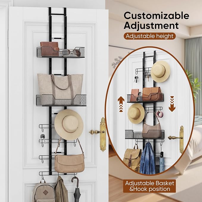 Over The Door Purse Organizer, Easy Installation Handbag Rack (Black) | No-Tool Setup | Foldable Space Saver | 12 Adjustable Metal Hooks | Dual Basket Storage | Stable Anti-Tilt Design | Bag Hanger