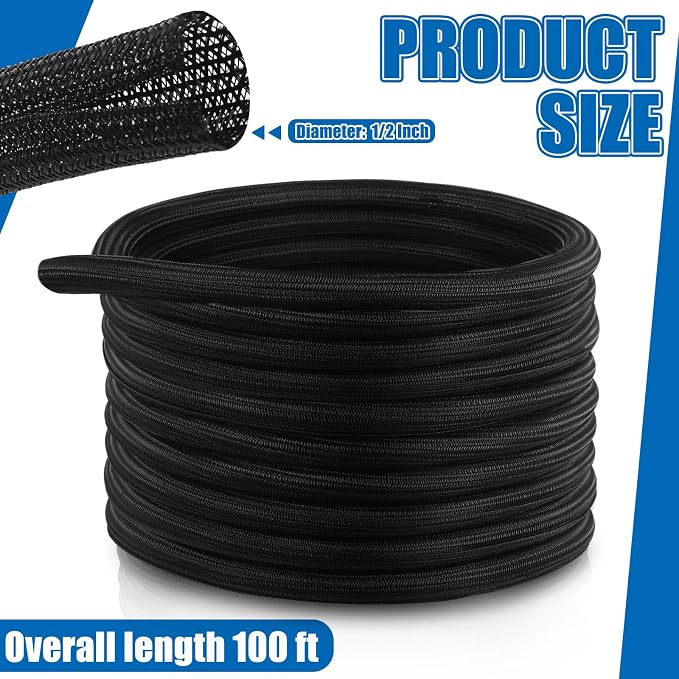 Pangda 100 Ft Split Wire Loom Tubing Flame Retardant Braided Cable Sleeve Split High Temperature Cable Conduit Auto Wire Conduit for Industrial Electrical Tinsel Automotive Marine(100 ft, 1/2")