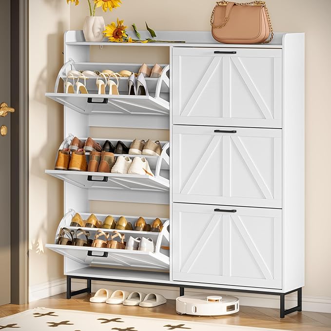 Wodeer Shoe Cabinet Storage for Entryway, Shoe Storage Cabinet with 6 Flip Drawers, Freestanding Narrow Shoe Rack Organizer with Metal Legs, Adjustable Shelves & Open Storage for Foyer, Hallway, White