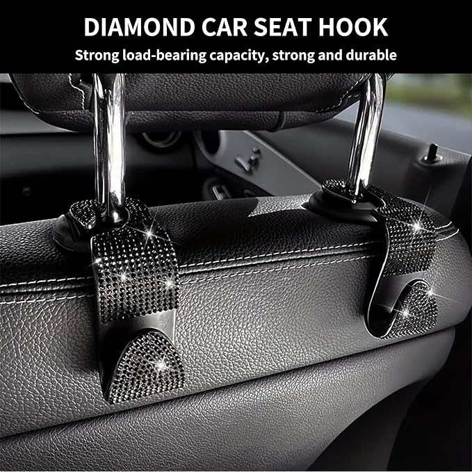 4PCS Bling Car Seat Headrest Hooks, Vehicle Back Seat Purse Handbag Hanging Holder with Crystal Rhinestone, Diamond Storage Organizer Hook,Bling Car Accessories for Women (Black)