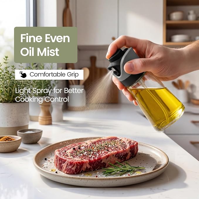 Olive Oil Dispenser for Kitchen 2-in-1 Pour and Spray | 7.7 oz / 230 ml | Glass Olive Oil Sprayer for Cooking, Airfryer, Salad & BBQ | Set of 2 Bottles, Black