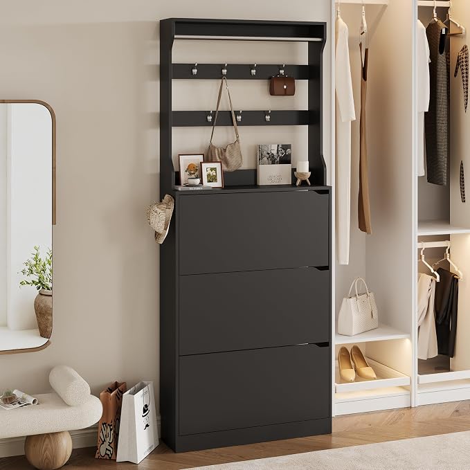 Wodeer Tall Shoe Cabinet with Coat Rack, Hidden Shoe Storage Cabinet with Doors & Drawer, Hanging Bar & Hooks, Slim Narrow Freestanding Shoe Rack Organizer for Entryway, Hallway & Living Room, Black