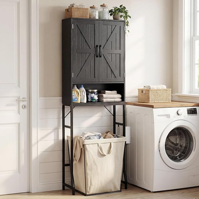 23.6" Over The Toilet Storage Cabinet with Barn Door,Bathroom Organizers and Storage with Adjustable Shelves, Farmhouse Over Toilet Organizer for Bathroom,Restroom,Laundry,Black
