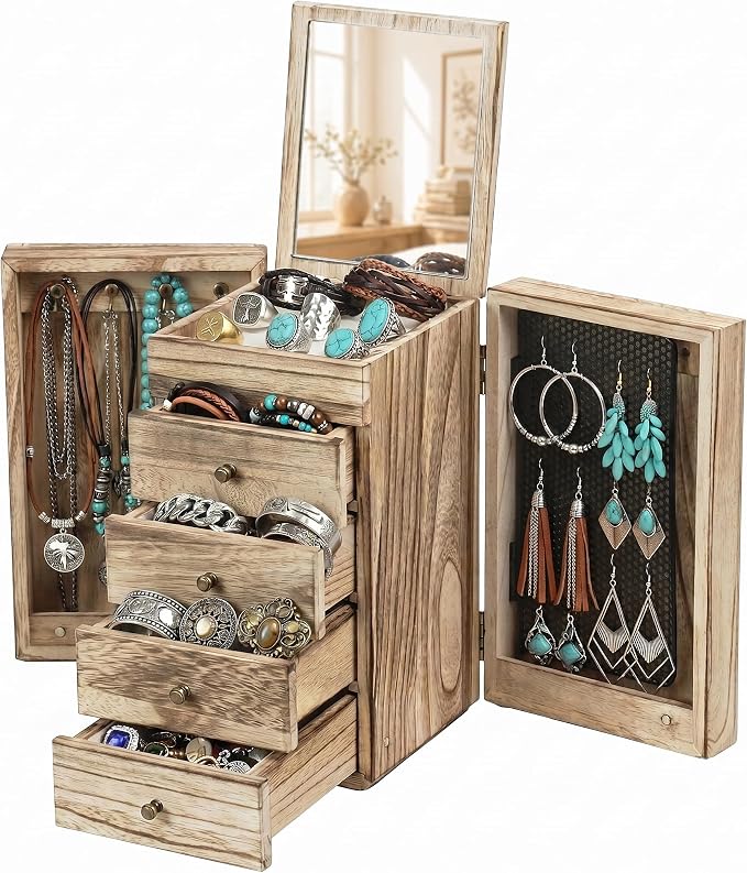 GUOER Jewelry Box for Women, 5-Layer Wooden Jewelry Organizer with Mirror | 4 Drawers & Side Doors for Necklaces, Rings, Earrings, Unfinished Rustic Torched Wood